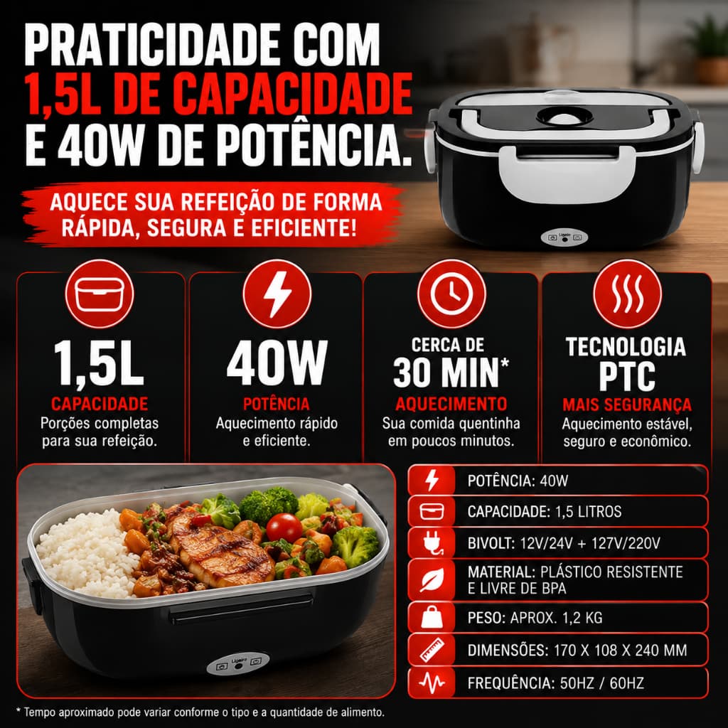 Marmita Térmica Elétrica 1,5L Bivolt - Veicular e Residencial