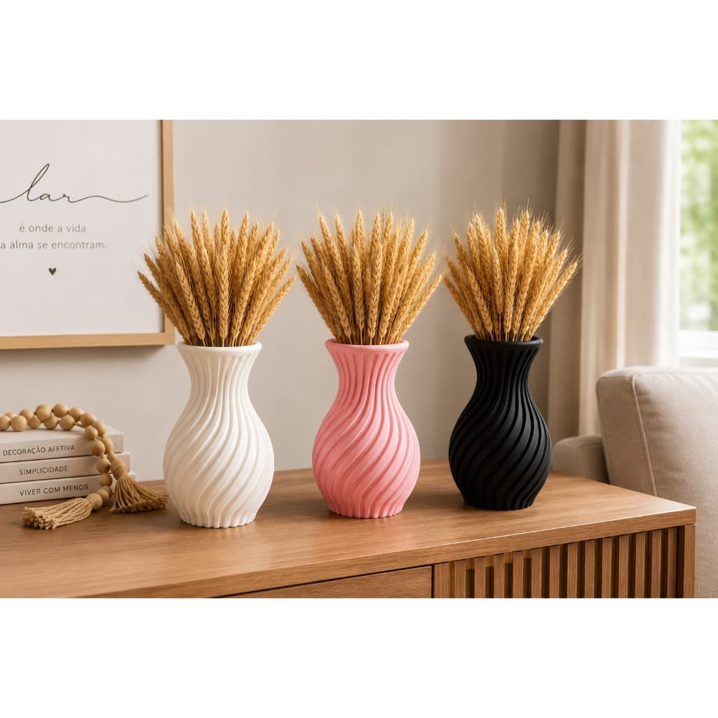 Kit 3 Vasos Espiral com Trigo Seco Decoração Minimalista Moderna para Sala Quarto Escritório Banheiro