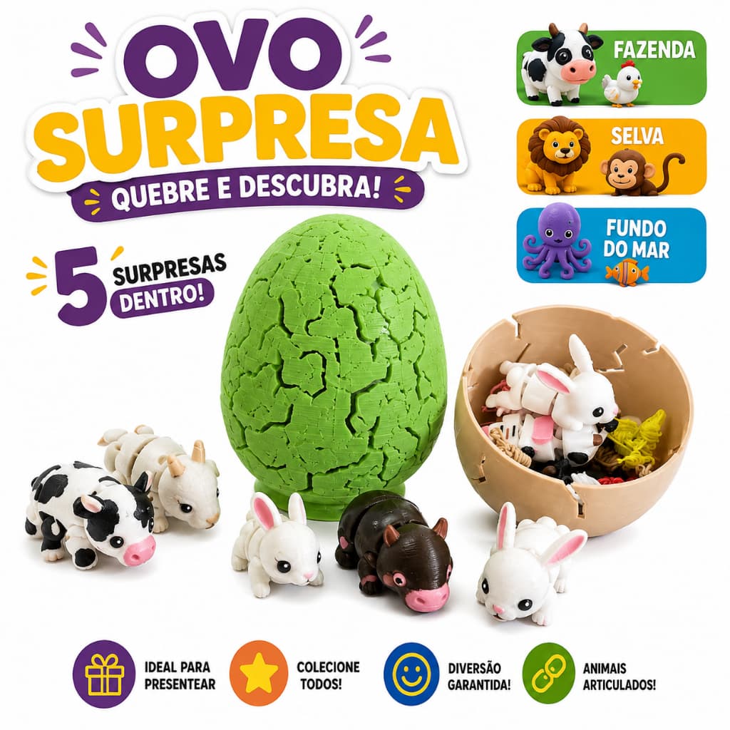 Ovo Surpresa Infantil com 5 Mini Animais Articulados Colecionáveis Fazenda Selva Fundo do Mar
