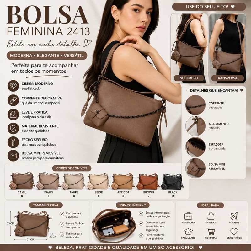 Bolsa Feminina Grande Transversal com Corrente e Bolsinha Removível – Moderna e Versátil 2413