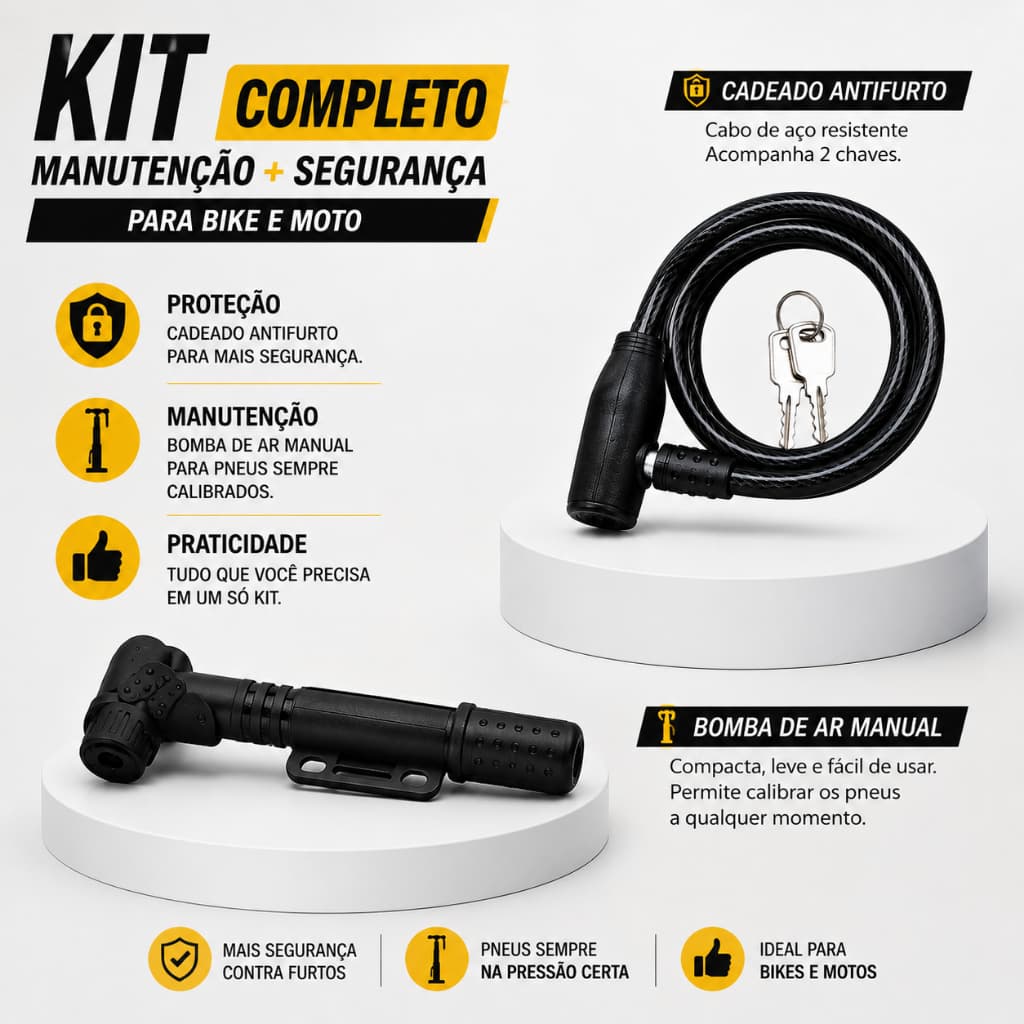 Kit Bomba Manual de Ar com bico para Bike Moto Compacta com suporte + Cadeado Antifurto Aço com 2 Chaves