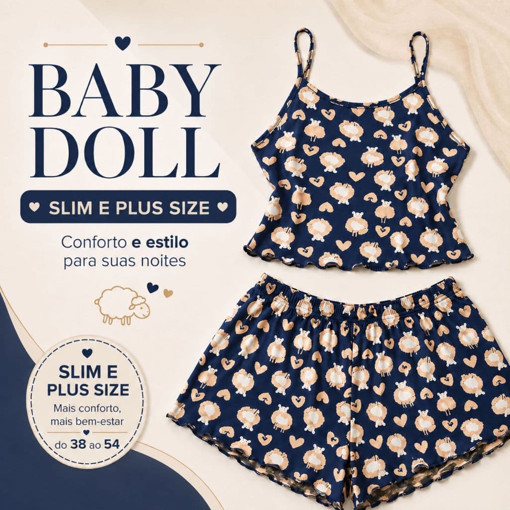 Pijama Baby Doll Feminino Estampado Alcinha Fresquinho Roupa de Dormir