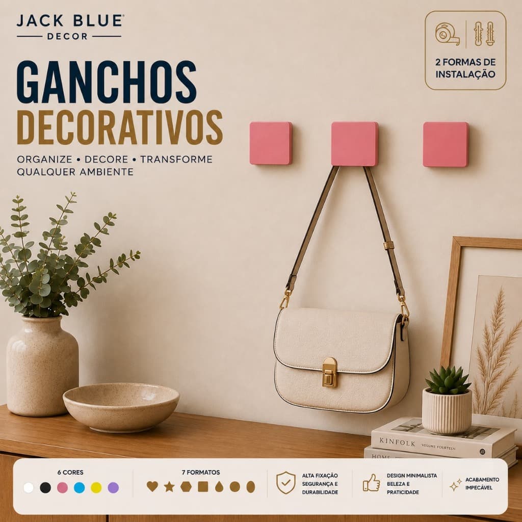 Kit Ganchos Parede Quadrado Fita Dupla 3M ou Parafuso Suporte Cabideiro Multiuso Bolsa Toalha Mochila Casaco Decorativos