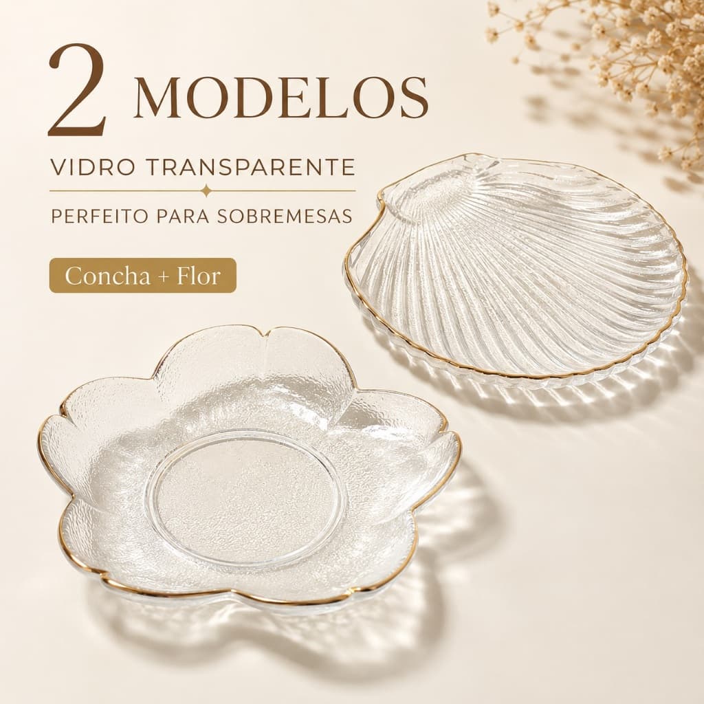 Prato de Vidro | Prato de Sobremesa Formato Concha ou Formato Flor para Mesa Posta