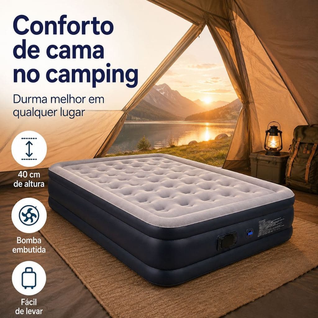Colchão Inflável Casal Queen com Bomba Embutida Tipo C 40cm Altura Confortável para Camping Viagem Casa
