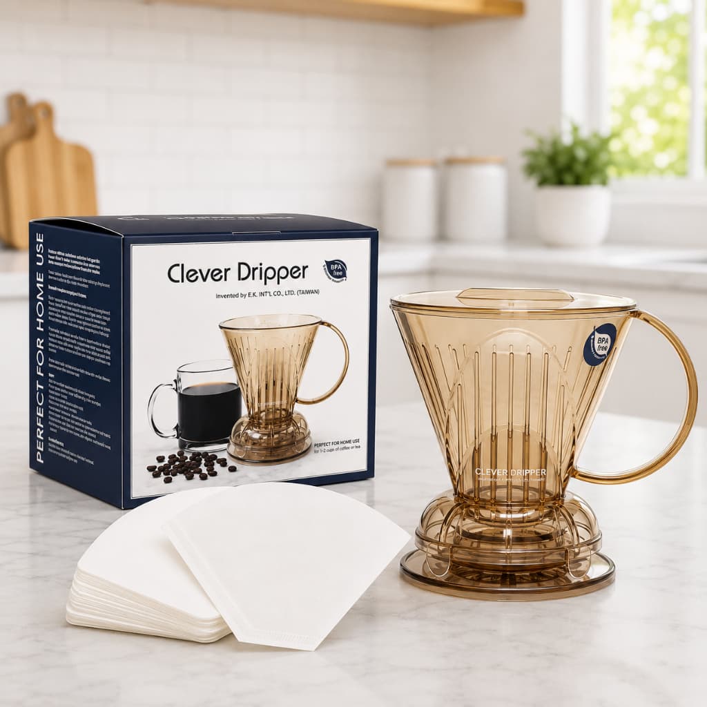 Coador de Café Clever Dripper Marrom 500ml + 100 Filtros de Papel - Original Acrílico BPA Free