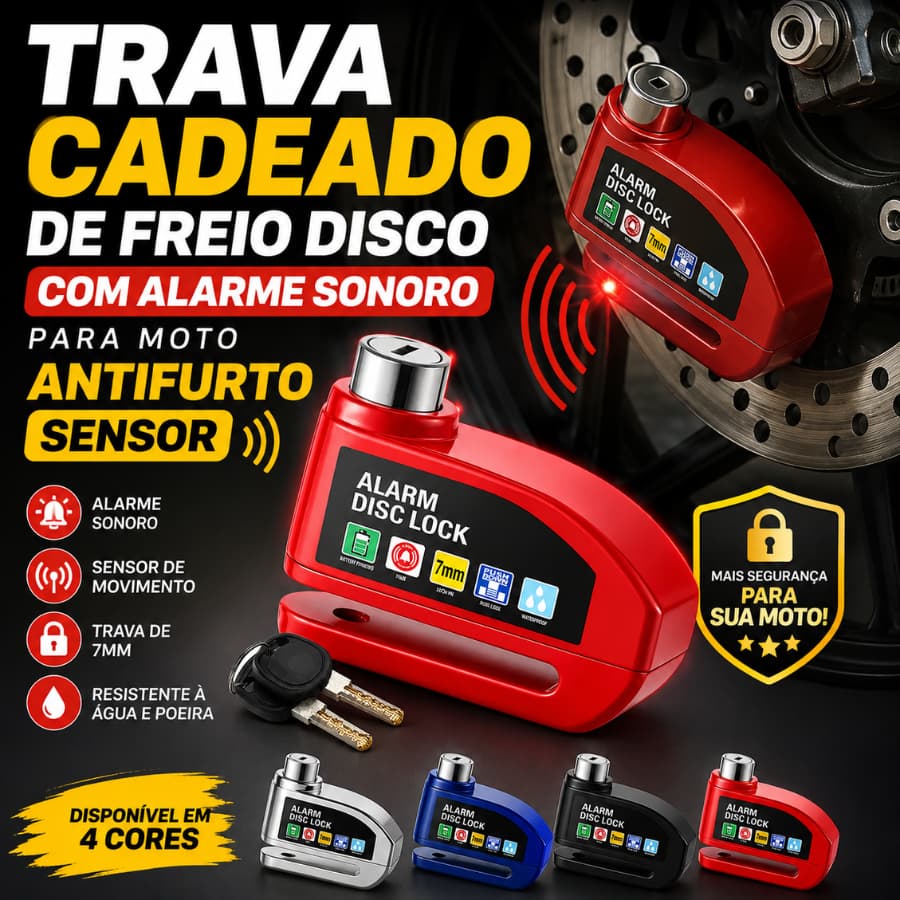 Trava Cadeado De Freio Disco Com Alarme Sonoro Para Moto Sensor Antifurto Reforçado