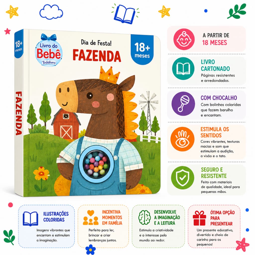 Livro Infantil Dia de Festa Fazenda | Livro Interativo Infantil | Aprendizado | Coordenação Motora | +3 Anos