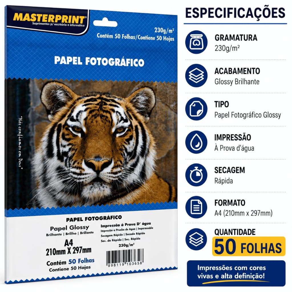 Papel Fotográfico Glossy 230g Brilho Profissional Impressão Nítida Alta Qualidade A4 50 Folhas