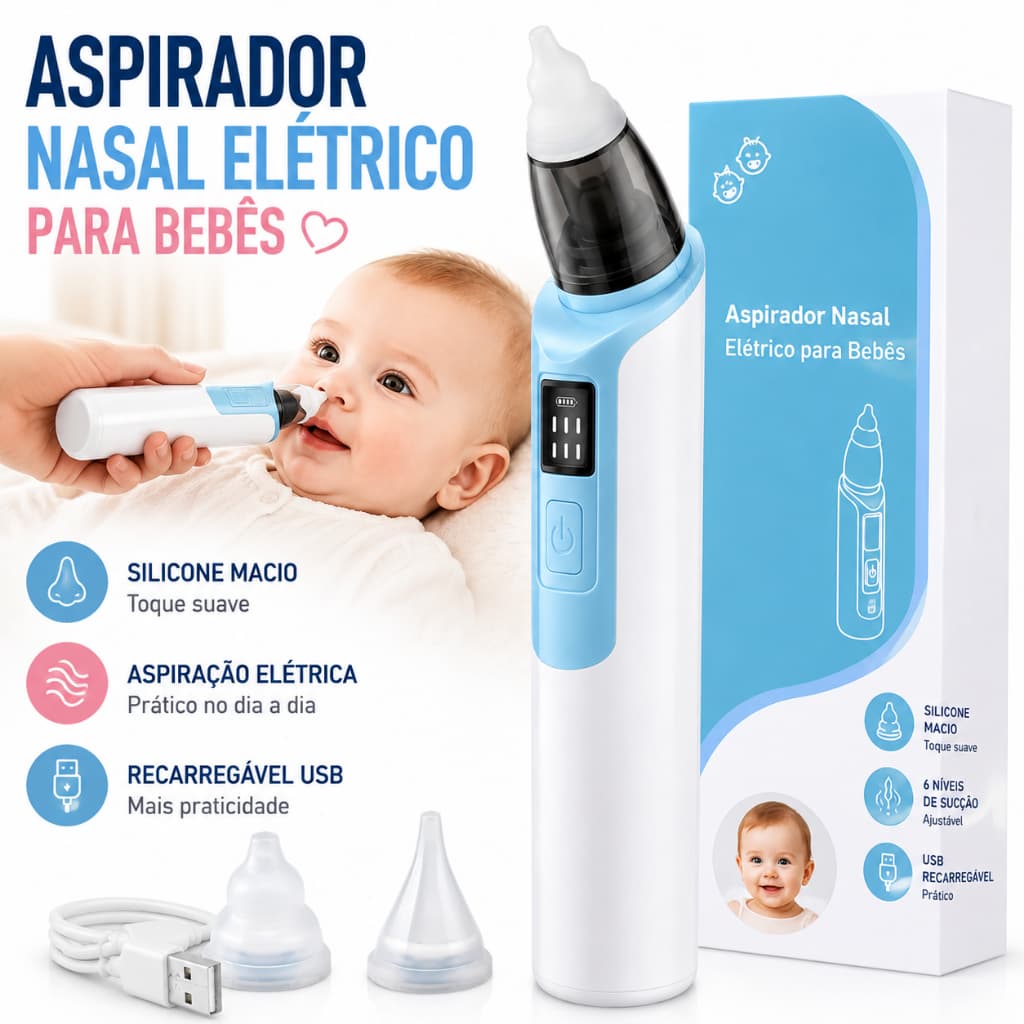 Aspirador Nasal Elétrico Infantil Recarregável USB para Bebês e Crianças Higiene Nasal