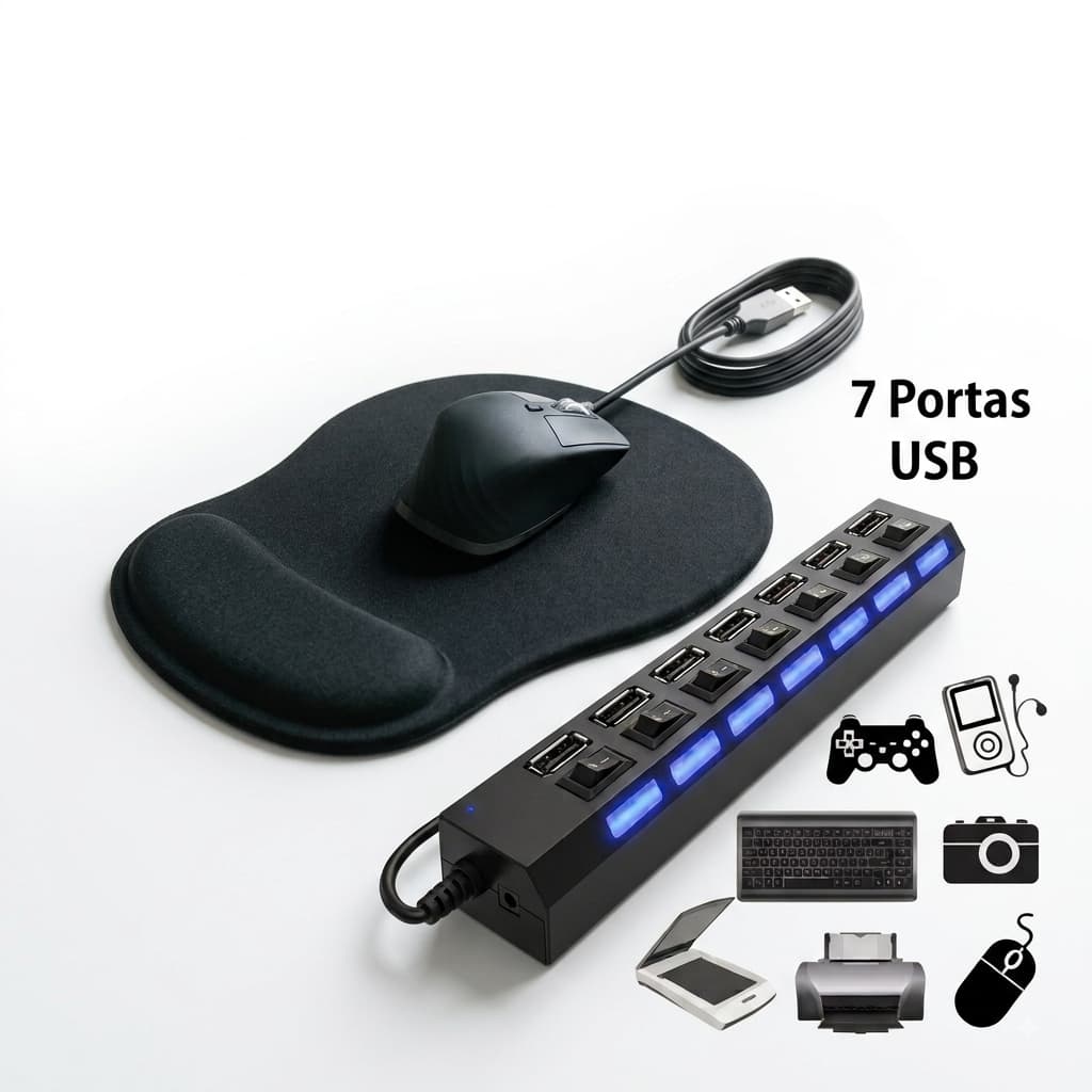 Kit Ergonomico Mouse Pad Apoio + Hub USB 7 Portas High Speed Com Chave Liga Desliga Para PC Notebook Studio Home Off