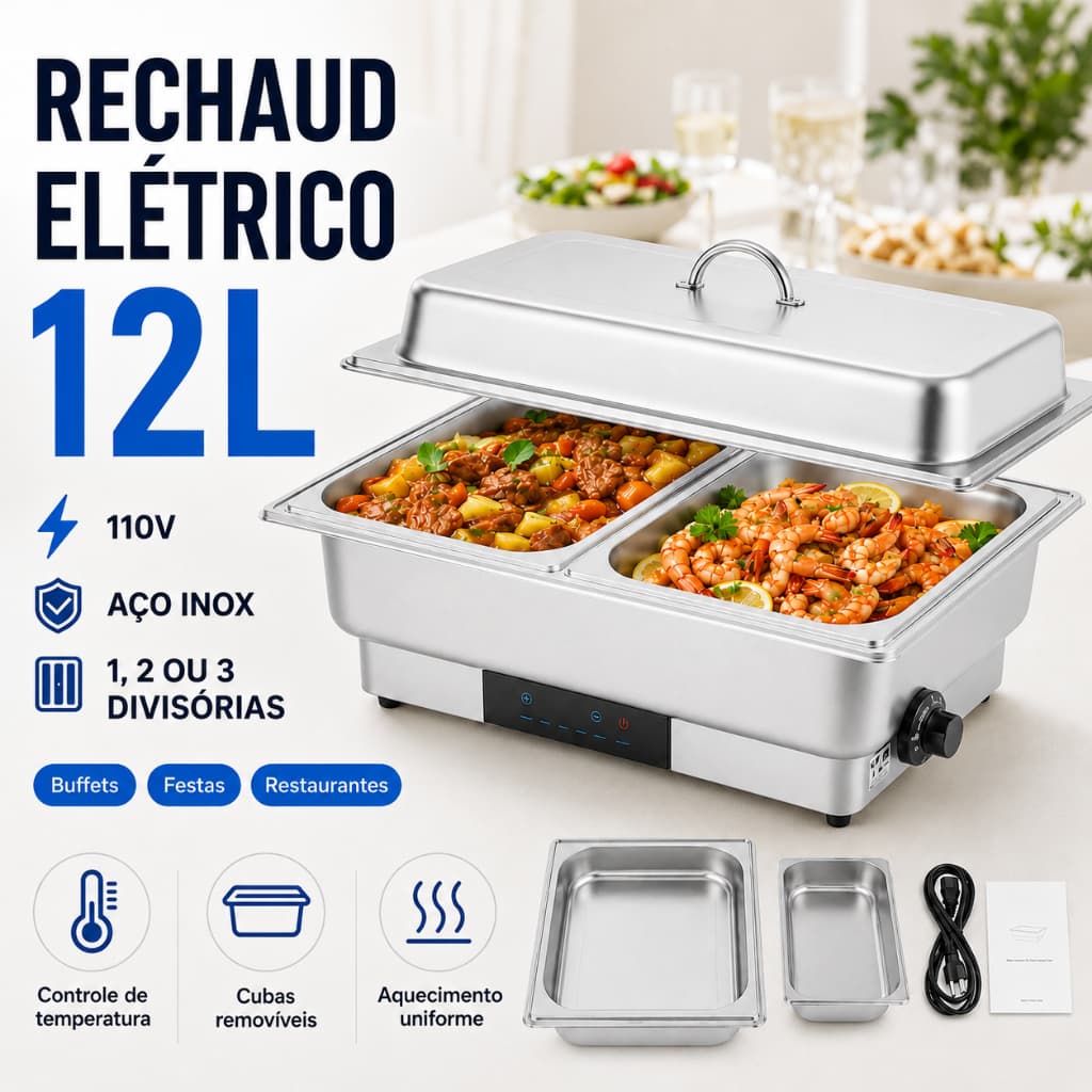 Rechaud Elétrico Profissional Inox 12L 110V com 1, 2 ou 3 Divisórias para Buffet, Festas e Restaurantes