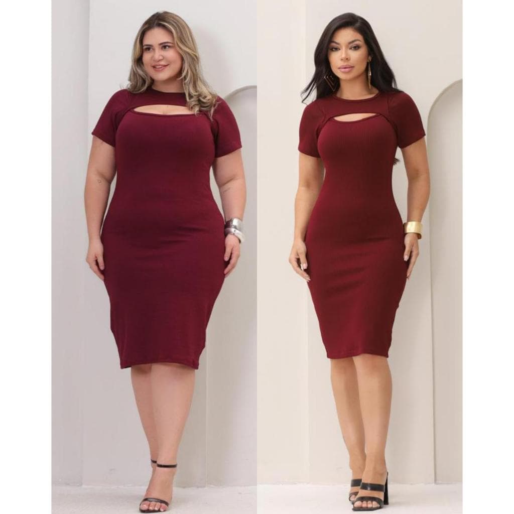Vestido Feminino Canelado Midi  Plus Size Abertura Frontal Manga Curta Casual  GG G1 e G2