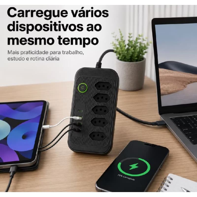 Filtro de Linha 5 Tomadas 3 USB Extensão Elétrica Régua de Tomadas Bivolt 110V 220V