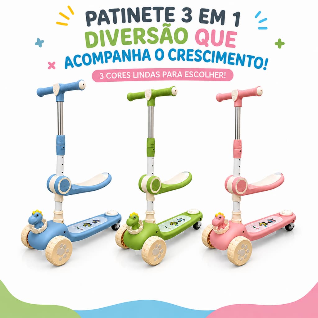 Patinete Infantil scooter dobrável com Led Ajustável 3 rodas 2 em 1 até 60Kg menino menina Dino