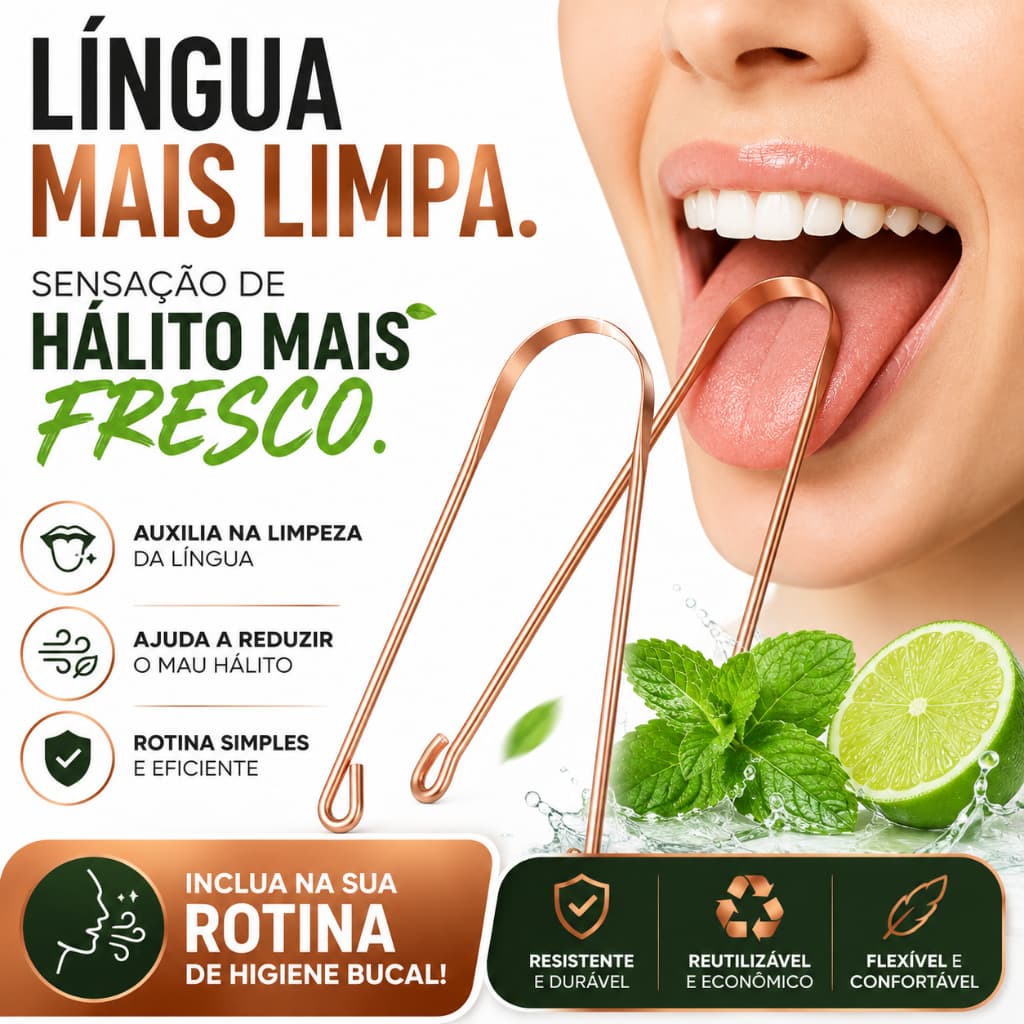 Raspador de Língua em Cobre Higiene Bucal Limpeza da Língua Hálito Fresco Reutilizável