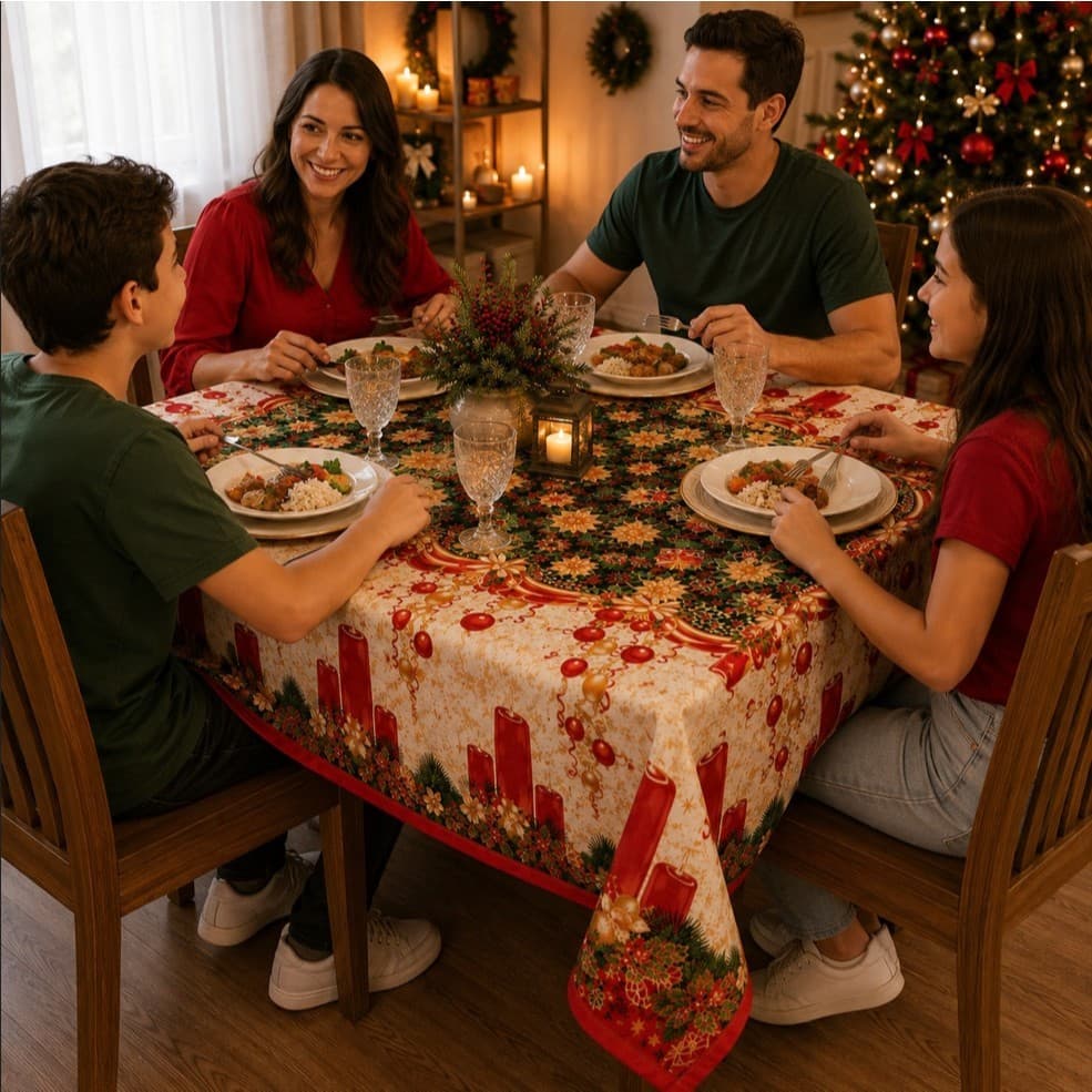 Toalha de Mesa Natal Estampada em Oxford – Encante sua Ceia de Natal, Charme e Elegância!