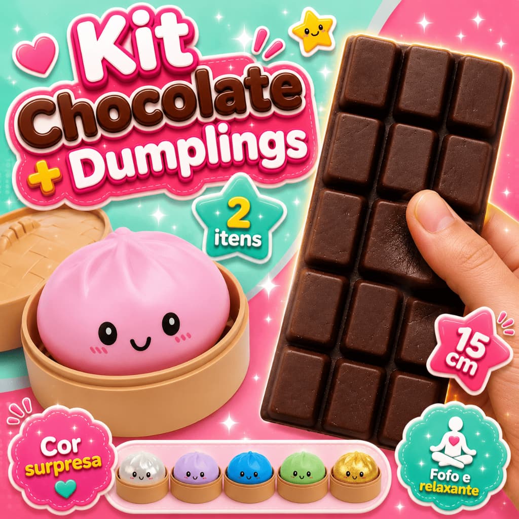 Kit Taba Squishy Dumplings Bolinho Chinês + Squish Barra Chocolate Slow Tik Tok