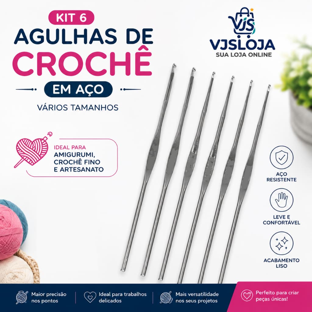 Agulhas de Crochê em Aço 6 peças | Amigurumi, Crochê Fino e Artesanato