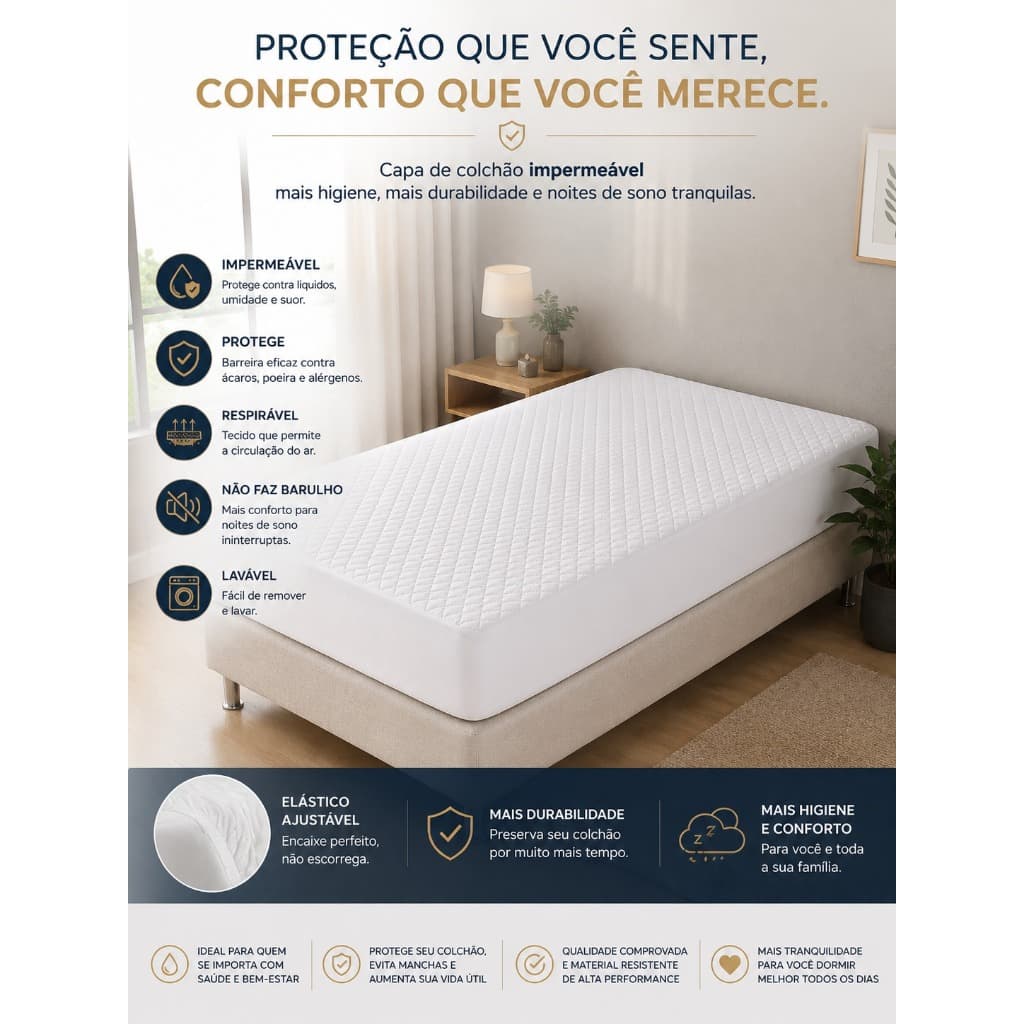 Protetor de Colchão Viúva 1,88x1,28m Capa Impermeável Lavável com Elástico