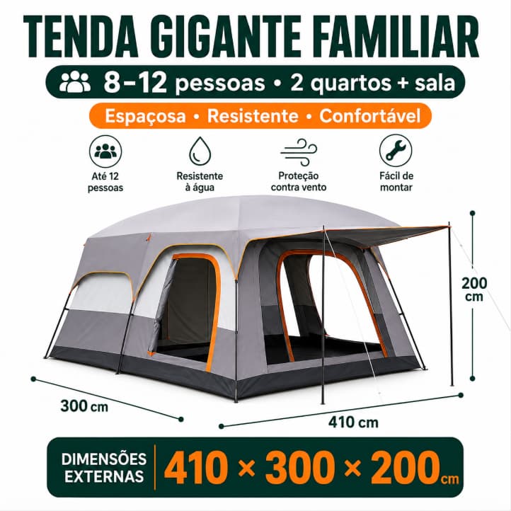 Barraca Familiar Gigante para Camping 2 Quartos e Sala 410x300x200cm