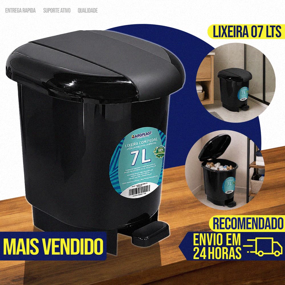 Lixeira Cesto de Lixo 07 Litros Automática Com Pedal Preta Banheiro Cozinha Escritório Quarto