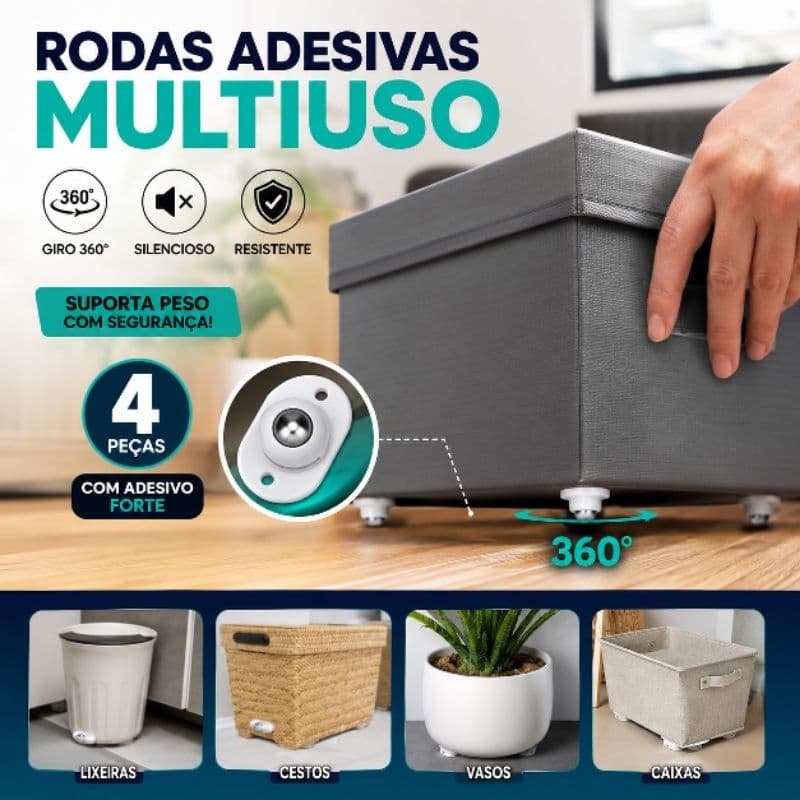 Rodas Adesivas Multiuso 360° 4 Peças para Caixas, Lixeiras e Organizadores