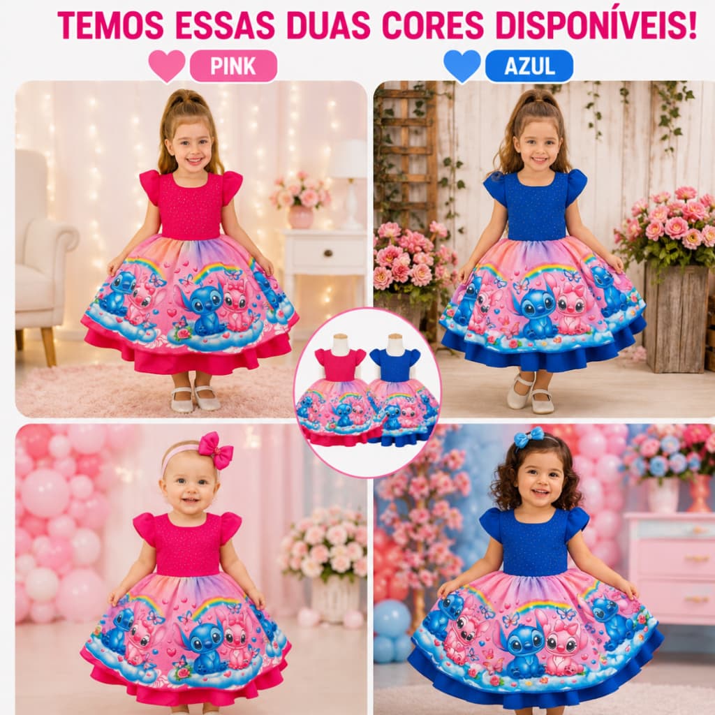 VESTIDO STITCH E ANGEL AZUL E ROSA PARA FESTA DE ANIVERSÁRIO MENINAS LILO STITCH