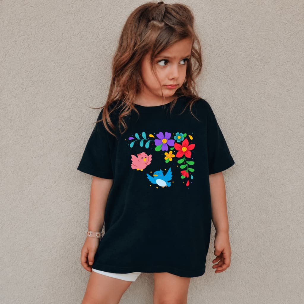 Camiseta Feminina Infantojuvenil 100% Algodão Confortável Estampada Desenho Flores Pássaro Fofo Colorido Blusa Casual