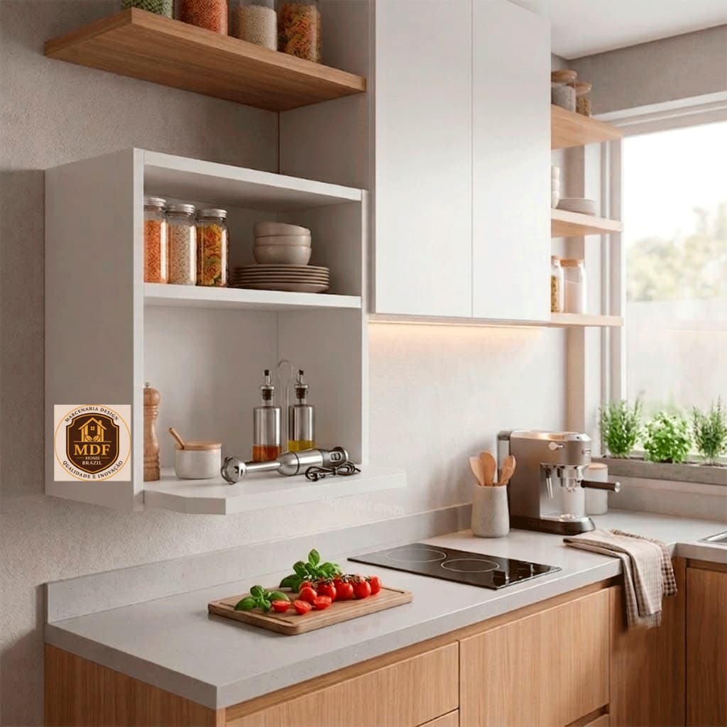Suporte de Forno Eletrico Air Frayer Microondas Liquidificador Suspenso MDF Nicho com Prateleira Armário Organizador