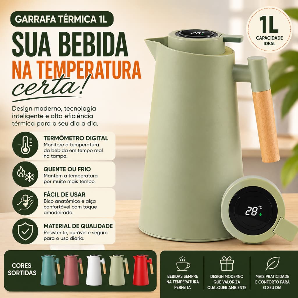 Garrafa Térmica 1L com Termômetro Digital Jarro Térmico para Café e Chá com Cabo de Madeira