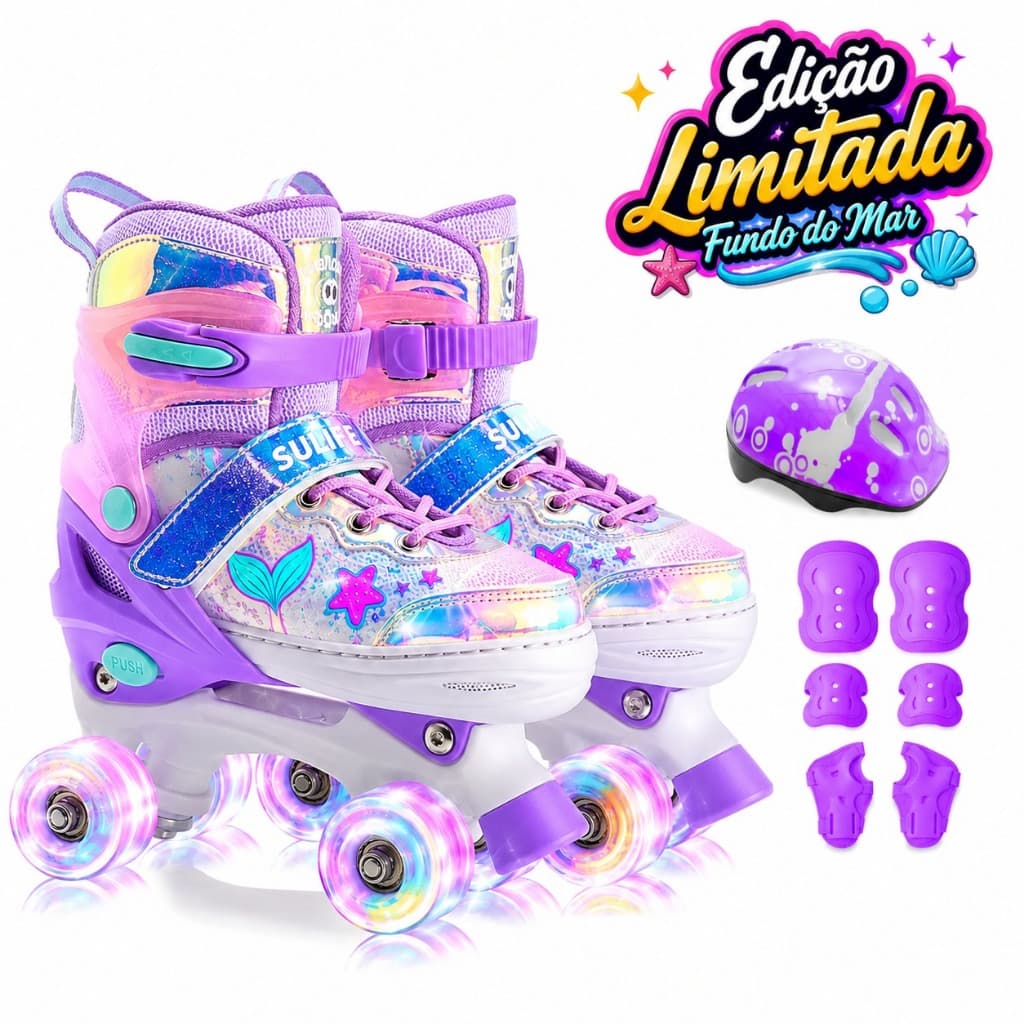 Patins infantil menina Edição Limitada Sereia fundo do mar arco iris + Kit proteção