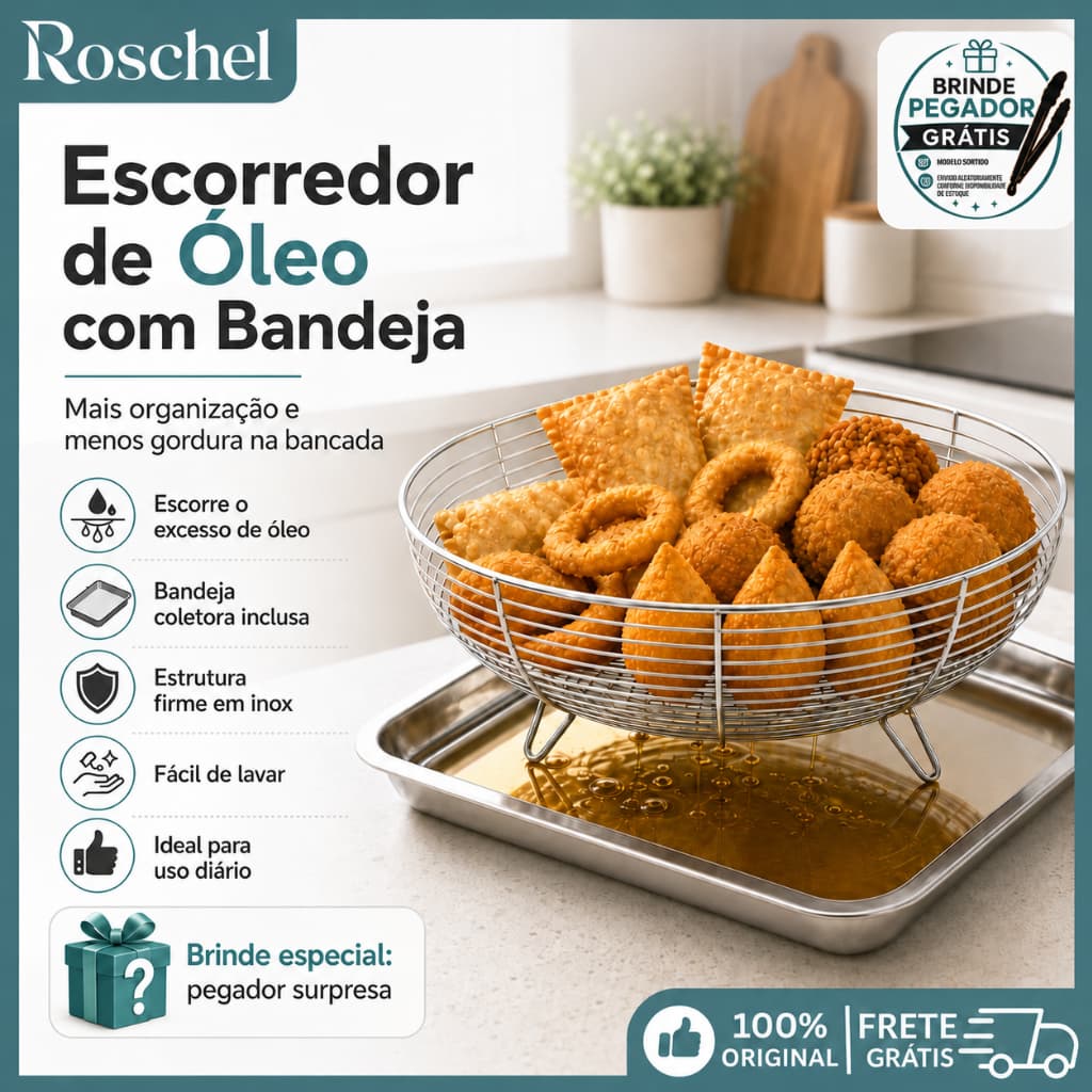 Bandeja com Escorredor de Óleo aço inox Fritura Multiuso Pastel Salgados - Pegador Grátis