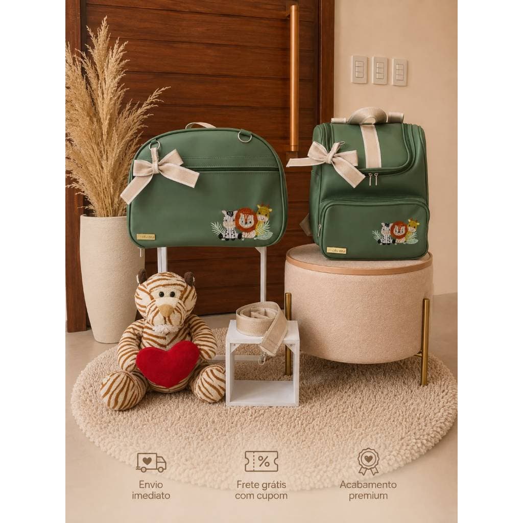 KIT BOLSA MATERNIDADE VERDE | MALA MATERNIDADE MOCHILA BEBÊ DE COSTAS | BORDADO SAFARI