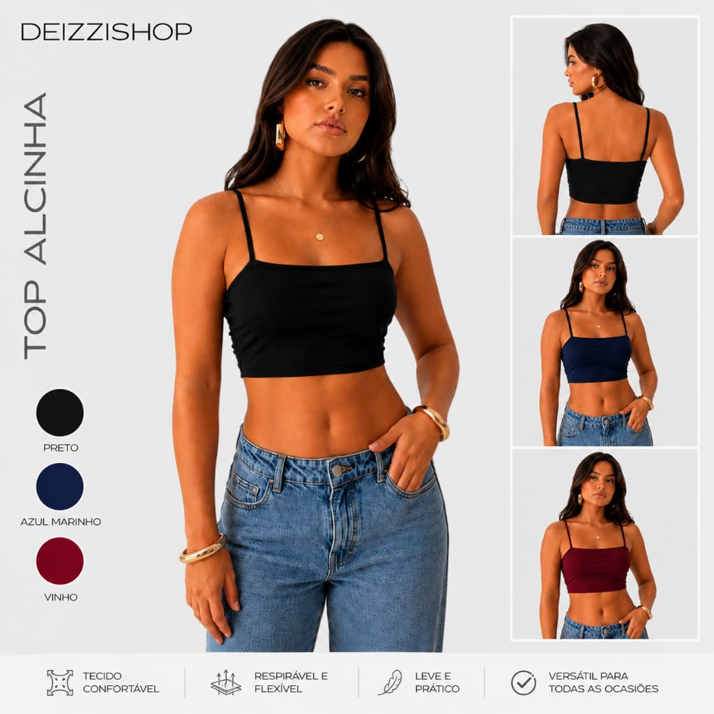 Kit 3 Top de Alcinha Feminino Sem Bojo Com Forro Duplo Para o Dia a Dia e Noite