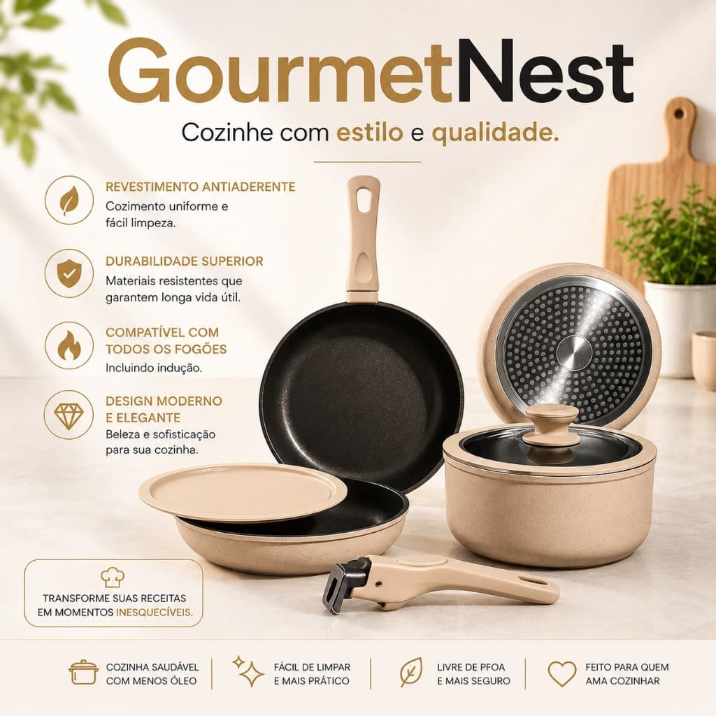 GourmetNest — A revolução na sua cozinha começa aqui - Conjunto Panelas Antiaderente 7 Pecas Alcas Removiveis
