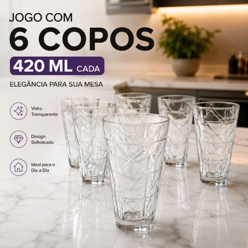 jogo 6 Copos Porto Fino 420ml de Vidro Transparente