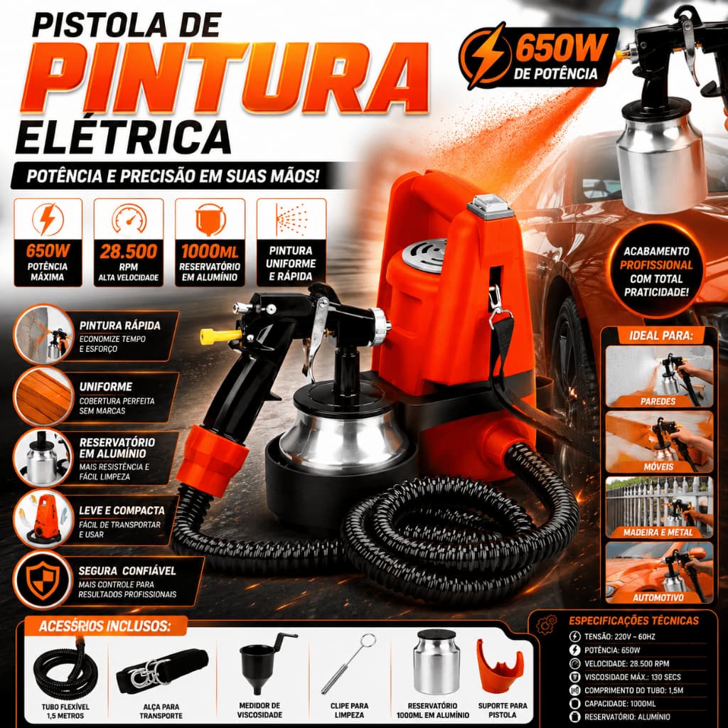 Pistola de Pintura Elétrica 650W 1000ml Pulverizador Tinta Parede Móveis Madeira Carros KK-1805 220V