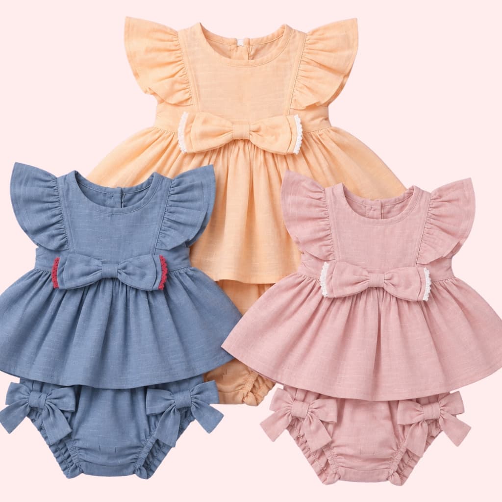 Conjunto Linho Vestido + Calcinha Para Bebe Vestido com Detalhe Em Laço Kids Vestidinho Acompanha Calcinha