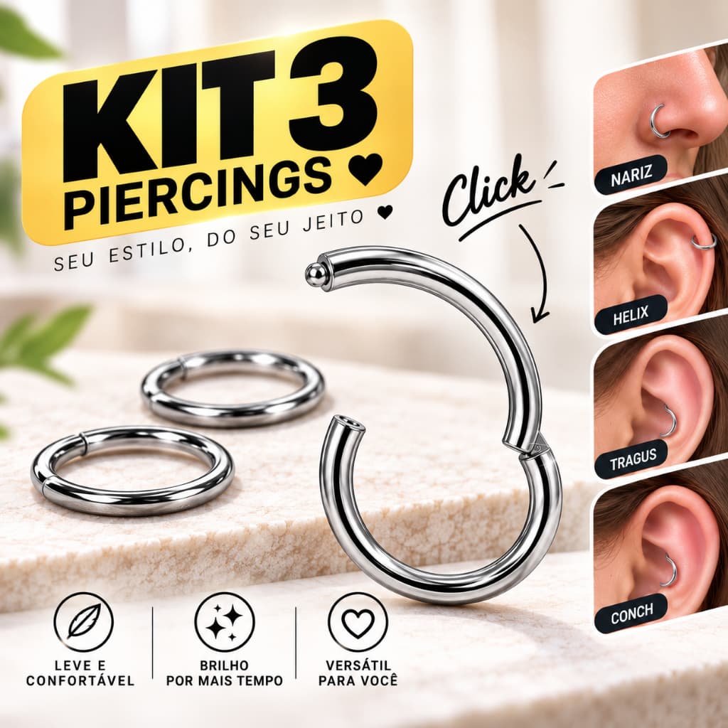 Kit 3 Piercing Argola Click Segmentada em Aço Cirúrgico para Nariz Helix Tragus Conch Daith Septo
