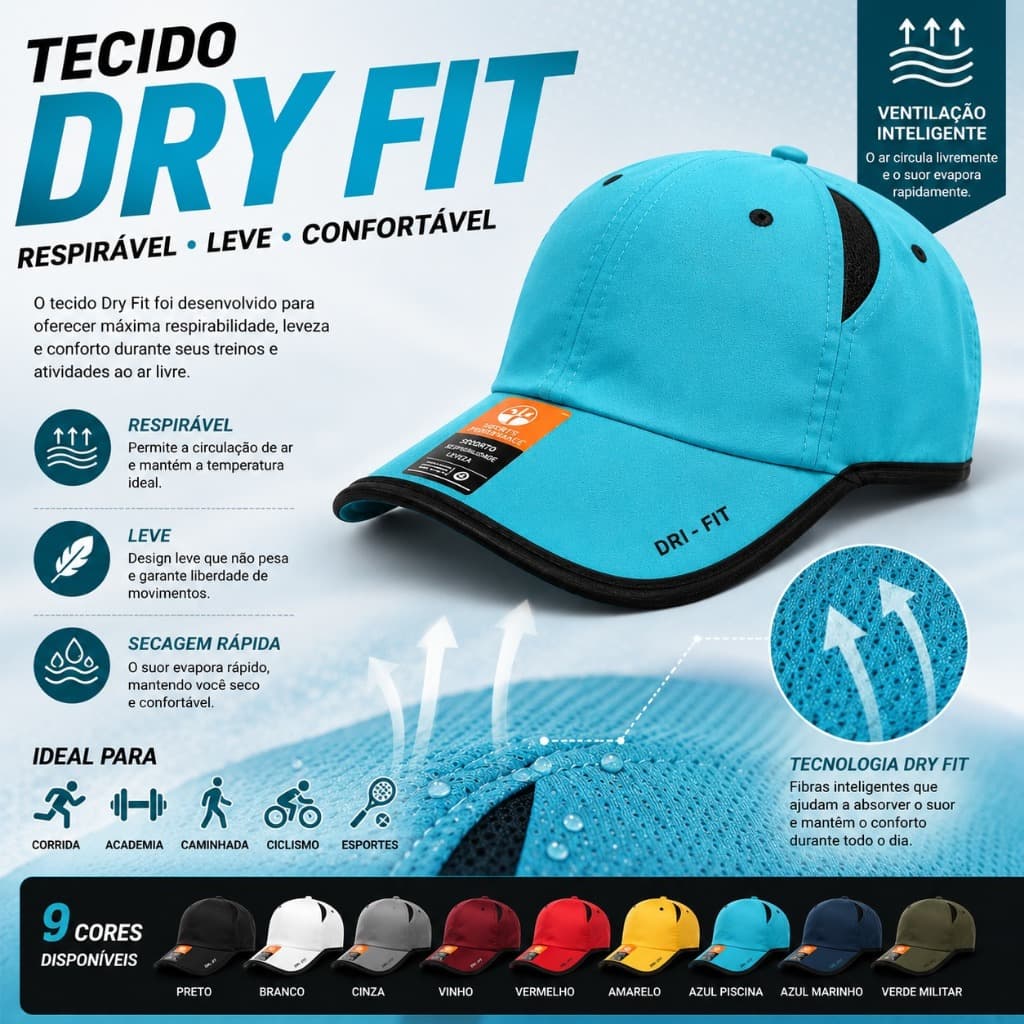 Boné Esportivo Dry Fit Respirável Unissex com Velcro Corrida Academia Treino Caminhada