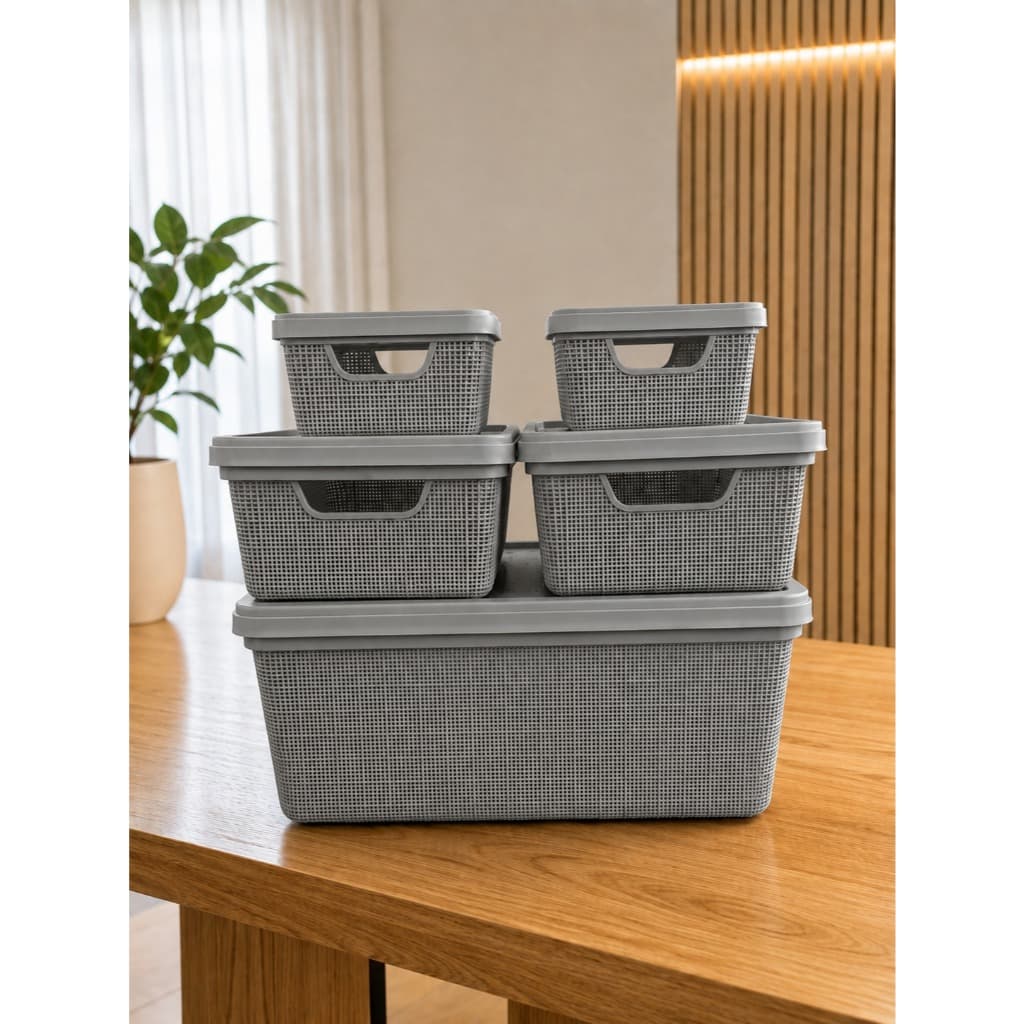 Caixa Organizadora Cesto Kit 5 Tampa 1,8l 5l 15l Cinza Jaguar Linha Juta