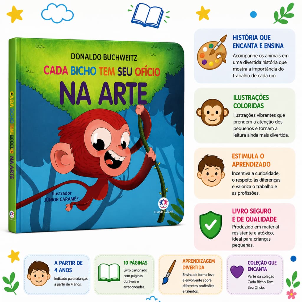 Cada Bicho Tem Seu Ofício Na Arte | Livro Infantil Cartonado Educativo | Ciranda Cultural | 4+ Anos