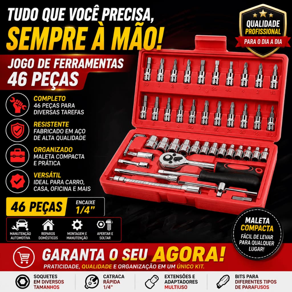 Jogo de Ferramentas 46 Peças com Catraca Soquetes Bits e Maleta para Uso Automotivo e Doméstico