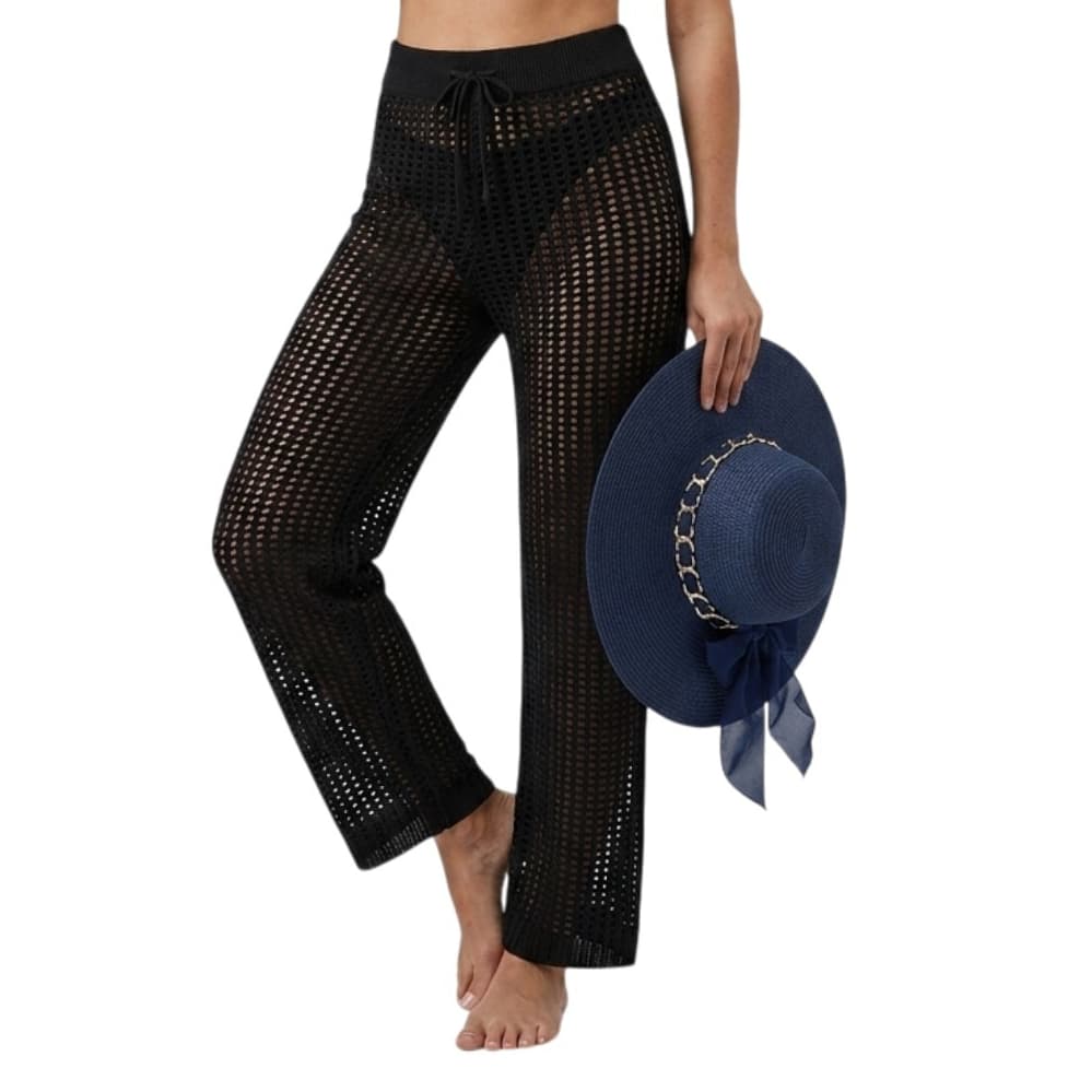 Kit Moda Praia Feminina Chapéu Floppy de Palha Aba Grande + Calça Preta Tricô Saída de Praia Tamanho Único | Verão e Sol