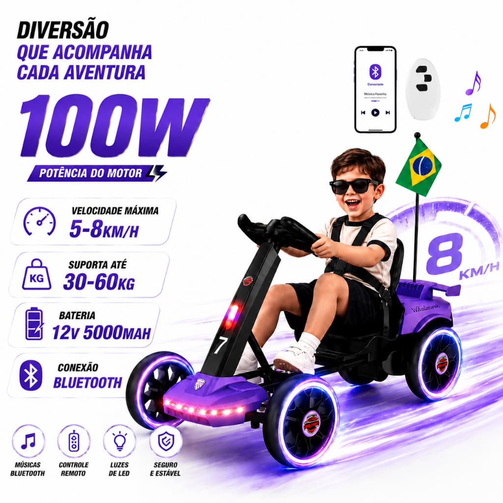 Trailforge-M1 Carro Elétrico Infantil Kart 100W 8KM/H Luzes incríveis Reprodução via Bluetooth