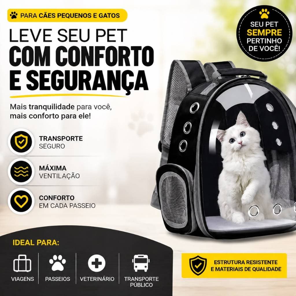Mochila Pet Transporte Cães e Gatos Até 6kg Visão Ampla Ventilada Amarela