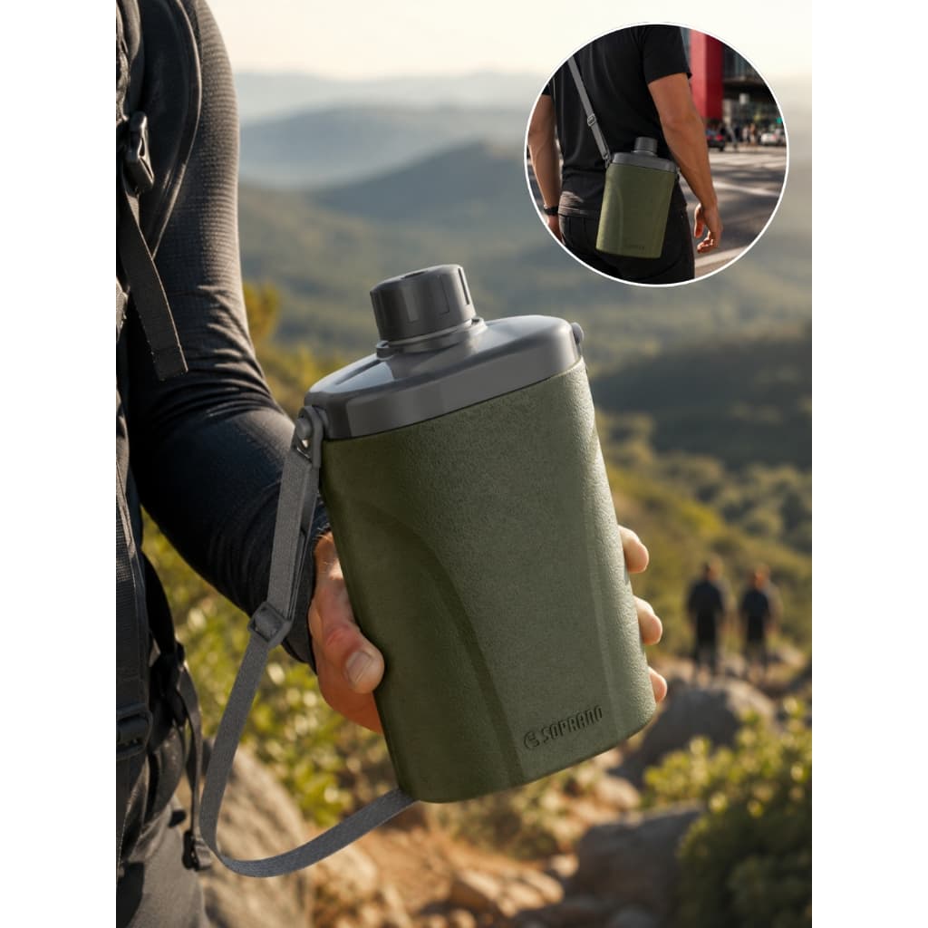 Cantil Térmico Soprano 1L Verde Alça e Tampa Antivazamento Água Safari BPA Free Trilha Camping
