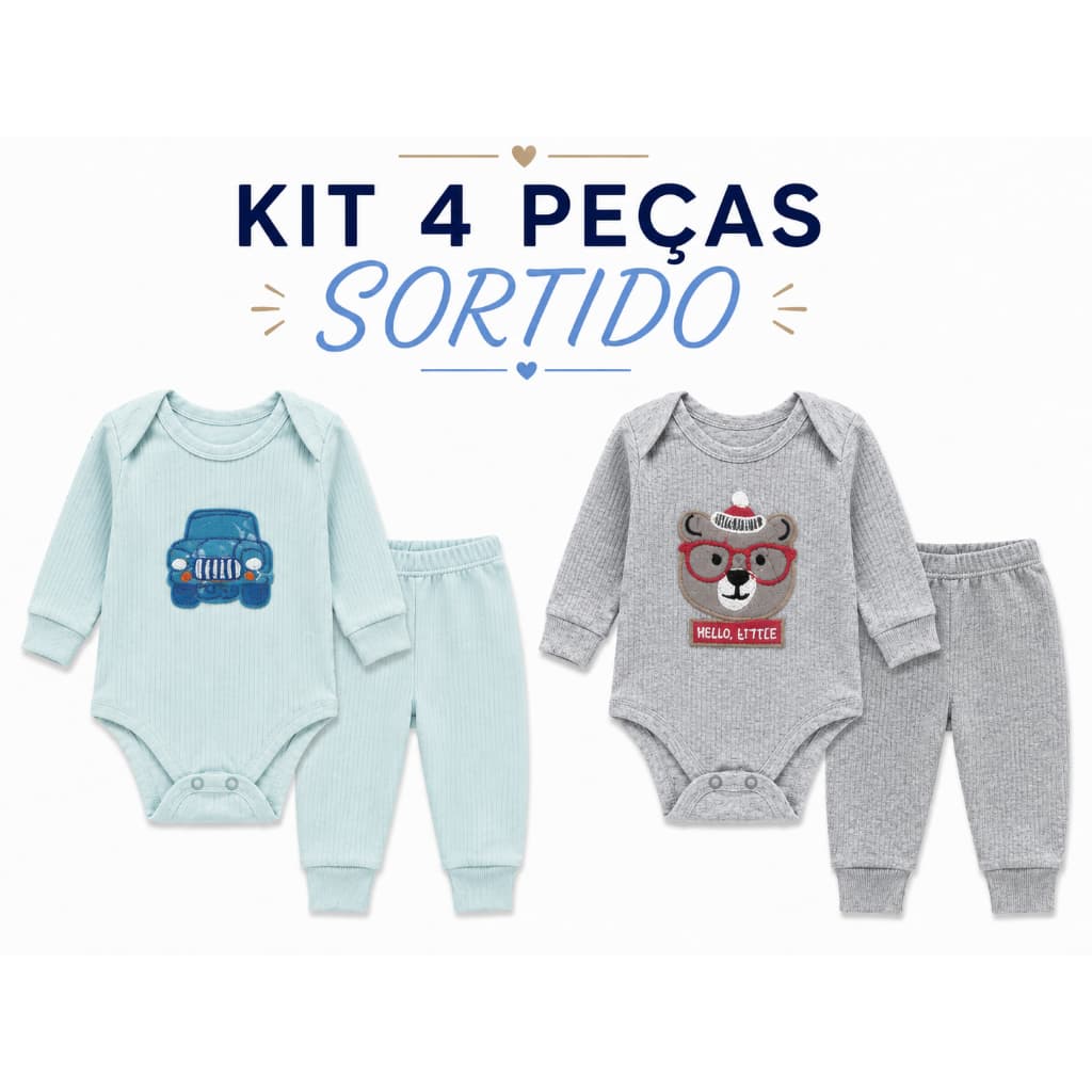 Kit 2 Conjunto body Bebê Menino 4 peças Manga Longa e Calça Roupas de Bebê