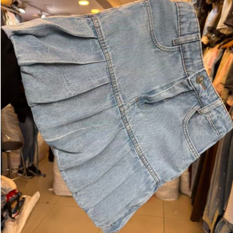 Saia Jeans balão Feminina com Babado Saia fofu Jeans desbotado plissado Saia mini/Saia plissada Saia bufante Feminino